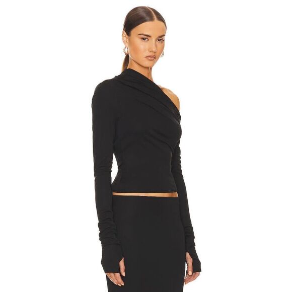 Brand New Matte Black Jersey Drape Shoulder Top and Slim Skirt Set - Size Small - Picture 2 of 4